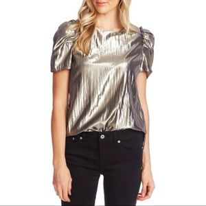 CeCe x Cynthia Steffe Puff Sleeve Gold Lamé Blouse
